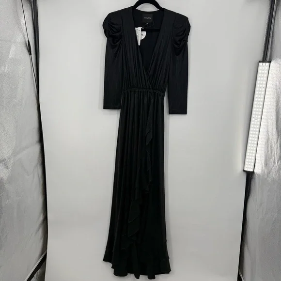 NWT Retrofete Flora Black Maxi Evening Dress Long Sleeve High Slit V-Neck XS - Picture 9 of 16